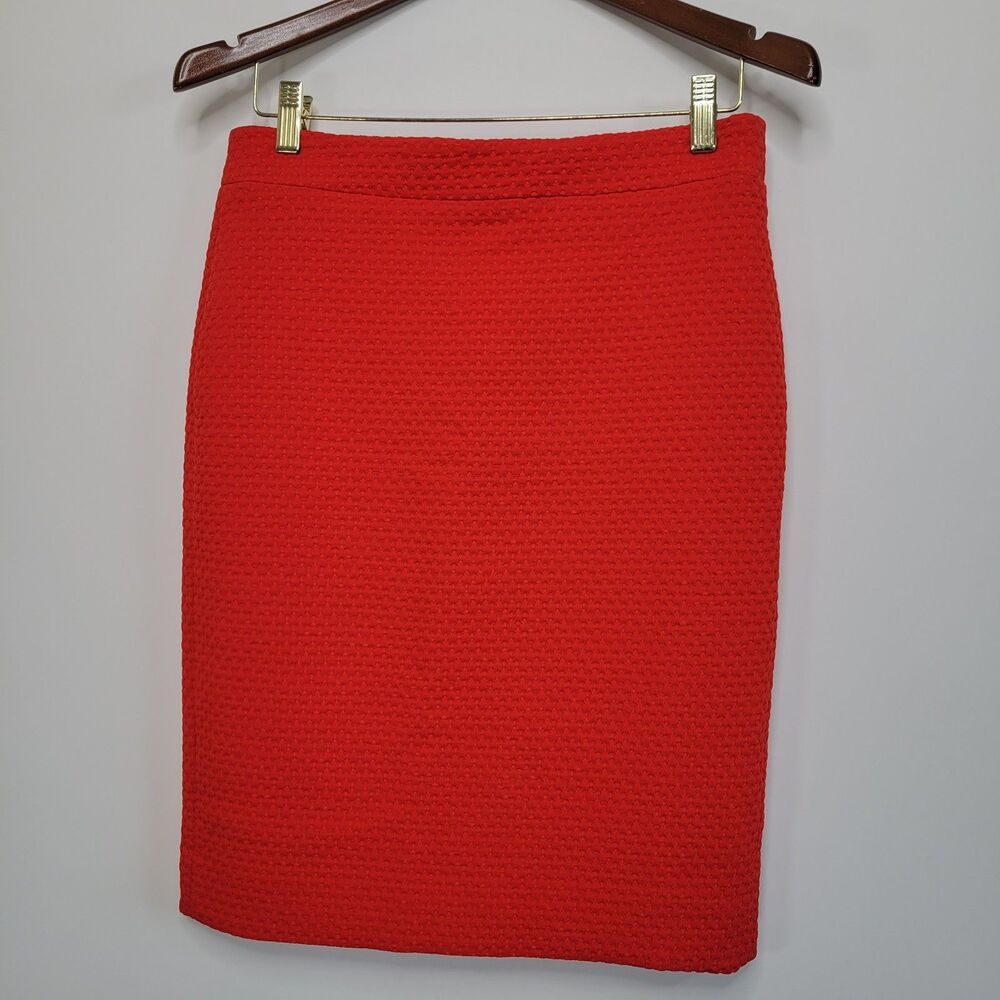 J CREW Red Orange Pencil Skirt Sz 4 Textured Matelassé Career Workwear Knee Slit